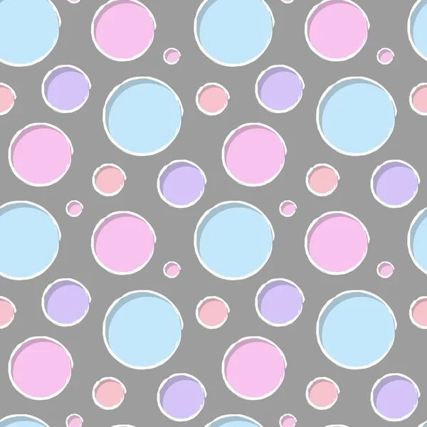 Üç boyutlu renksiz daireler, kusursuz desenler. Mavi, pembe, mor, gölgeli mor daireler, gri arkaplanda beyaz fırça izi. Vektör illüstrasyonu.