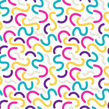 Memphis dalga çizgisi kusursuz desen. Beyaz arka planda renkli tasarım çizgileri. Kumaş, moda, baskılar, duvar kağıtları için Memphis sanat tarzı. Vektör illüstrasyonu.