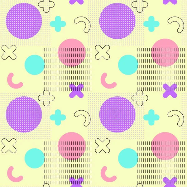 Memphis geometrik kusursuz desen. Sarı arka planda farklı renkli geometrik şekil. Vektör illüstrasyonu.