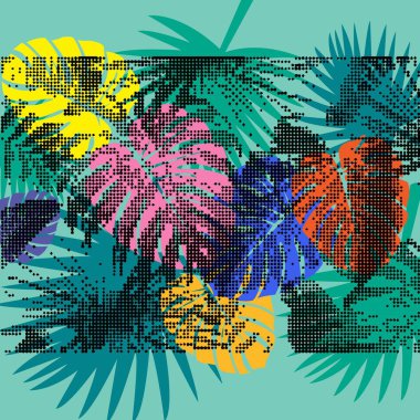 Yapraklı tropik pankart ve mavi arka planda soyut noktalı şekiller. Kozmetik, parfüm, sağlık ürünleri, tanıtım için egzotik botanik tasarımı. Yaz posteri. Vektör illüstrasyonu.