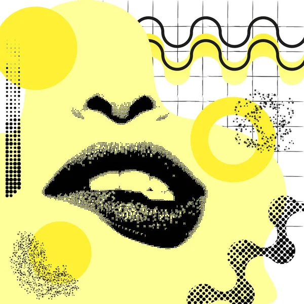 Bright Vector Collage Woman Lips Nose Yellow Stripes Spots Circle — стоковый вектор