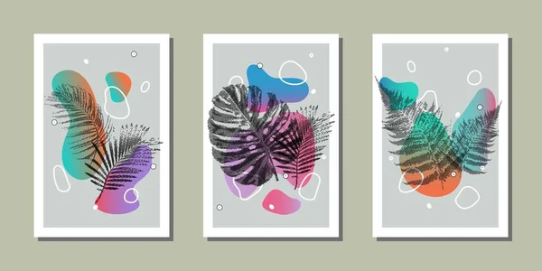 Tropikal yapraklı ve renkli geometrik şekilli üç soyut kolaj seti. Poster, broşür, sosyal medya paylaşımı ve dergi için sanat tasarımı. Vektör illüstrasyonu.