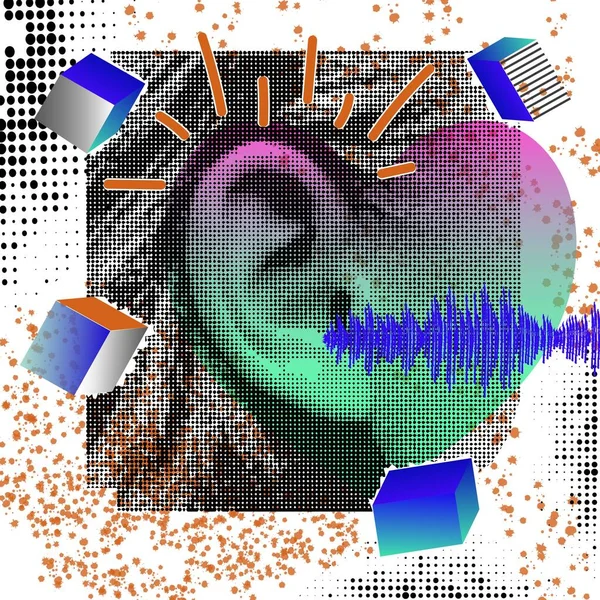 Kulaklı, küplü parlak vektör kolajı, eğim noktası, ses dalgası, siyah noktalar, dekoratif şekiller. Tasarım, dergi, broshure, pankart için soyut illüstrasyon.