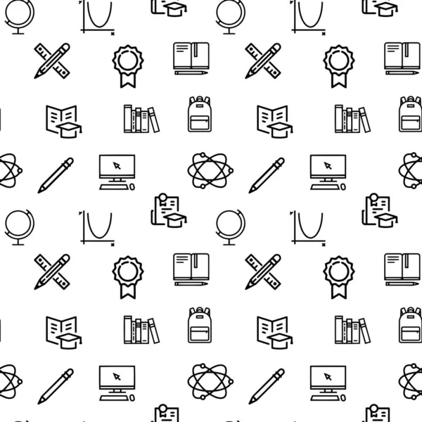 Kusursuz desenli, modern, ince siyah çizgi simgeli beyaz arka planda okul malzemeleri. Kumaş ve ambalaj baskısı için tasarım. Vektör illüstrasyonu.