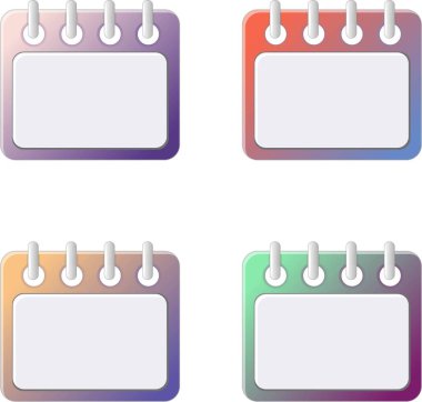 Takvim simgeleri. Beyaz arkaplanda farklı gradyan çerçeveli 3B boş takvim sayfası. Vektör illüstrasyonu.