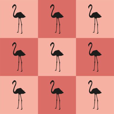 Flamingo black silhouette pattern on bright and dark pink squares background. Design vector illustration.