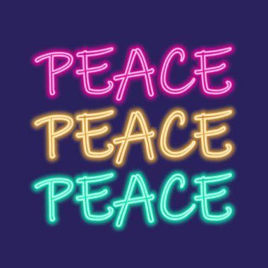 Peace neon logo. Bright colorful signboard in neon style on dark blue background. Vector illustration.