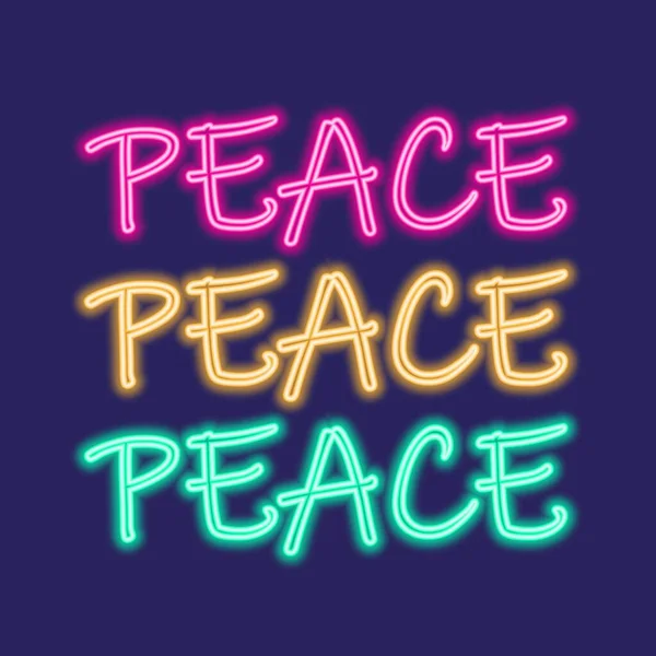 Peace neon logo. Bright colorful signboard in neon style on dark blue background. Vector illustration.