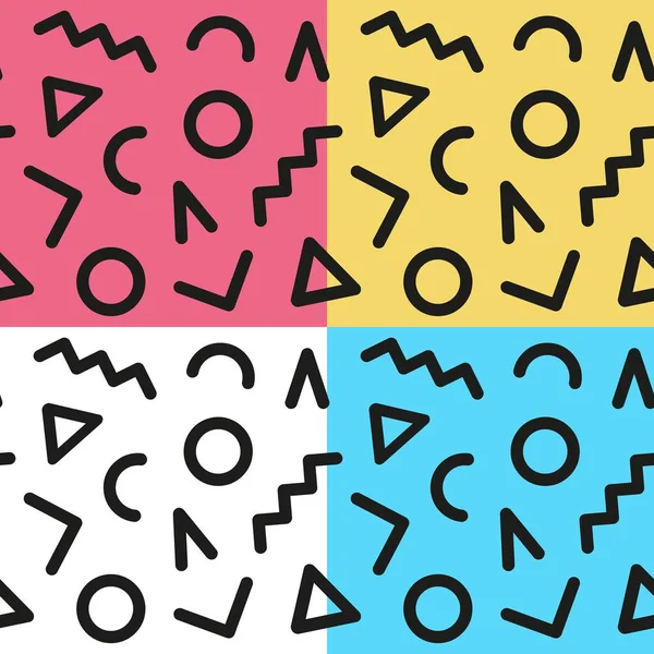 Geometric seamless pattern retro memphis style on four colored backgrounds. Modern design for banner, web, cover, billboard, brochure, social media. Vector illustration.