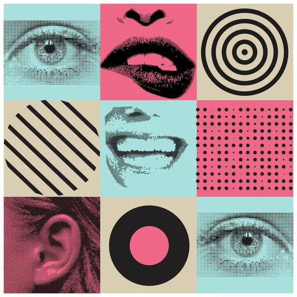 Bright vector collage with eyes, open mouth, ear, lips, black round shapes. Abstract illustration for design, magazine, broshure, banner.