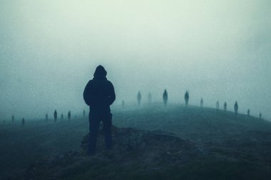 Ürkütücü doğaüstü bir kavram. Huysuz, sisli bir manzarada yüzen hayaletlere bakan bir insan..