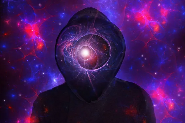 Science Fiction Concept Mysterious Hooded Figure Universe Energy Stars Floating — Stock Photo, Image