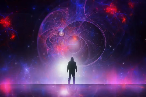 科幻小说 神秘的概念 一个孤独的头戴头巾的人凝视着一个充满能量和星辰的宇宙 — 图库照片
