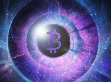 Şifreli para birimi konsepti. Bitcoin sembolü. Kuantum, bilim kurgu arka plan tasarımıyla.