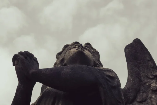 抬头看着一个可怕的哥特式维多利亚时代的天使雕像 向天空祈祷 — 图库照片