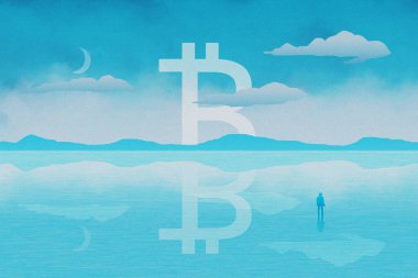 Bitcoin sembolünün kripto para birimi konsepti. Bir su manzarasının üzerinde süzülüyordu. Gökyüzüne bakan bir figürle.