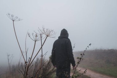 Kapüşonlu bir figürün ürkütücü bir kurgusu. Kameraya dön, arka plan bulanık. Kırsal kesimde kasvetli bir günde.