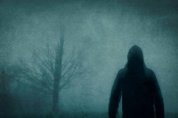 Spooky Concept Blurred Hooded Figure Standing Countryside Bleak Moody Winters — Stock Photo, Image