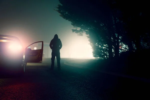 Dark Moody Concept Threatening Hooded Figure Standing Next Parked Car — Stock Photo, Image