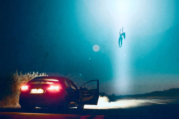Encontro Alienígena Uma Mulher Sendo Sequestrada Flutuando Céu Por Ovni — Fotografia de Stock