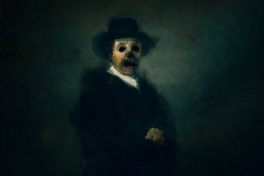 Kafatası gibi bir yüzü ve kara batık gözleri olan şeytani bir figürün klasik portresi. Karanlık bir arka planda..