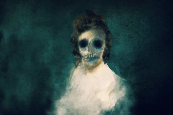 一个恐怖的概念一个经典的肖像一个女性僵尸与骷髅一样的脸和黑色沉沉的眼睛 黑暗的背景下 — 图库照片