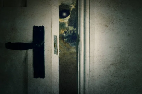 Scary Zombie Demon Looking Open Door Way Spooky Horror House — ストック写真