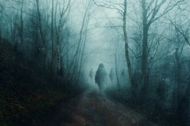 A horror concept of cute floating ghost monsters on a forest road. On a spooky foggy winters evening. With a grunge, texture edit. clipart