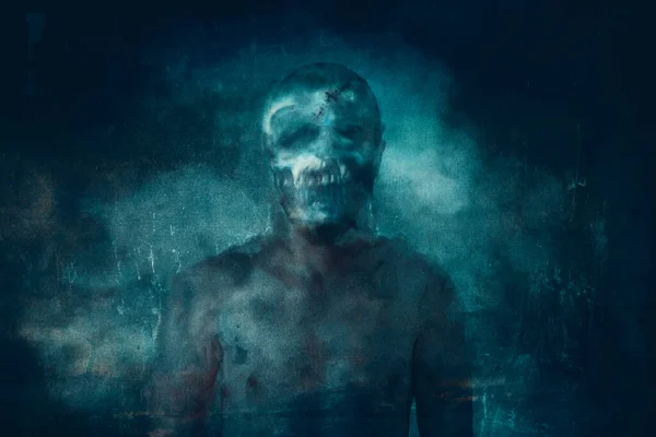 Conceito Horror Retrato Assustador Crânio Uma Figura Demoníaca Fundo Escuro — Fotografia de Stock