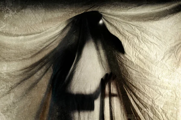 Scary Horror Demonic Figure Silhouetted Curtain Glowing Eyes Grunge Edit — ストック写真