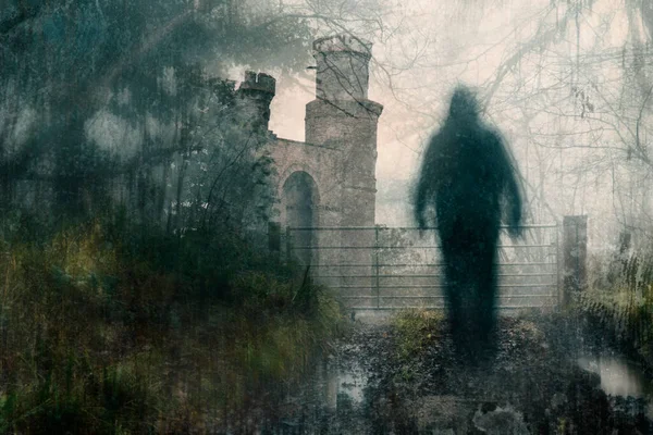 Double Exposure Spooky Castle Blurred Ghostly Figure Path Forest Bleak — Stock Fotó