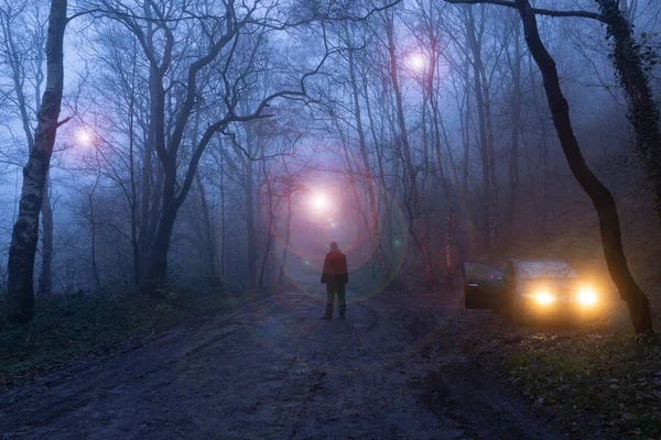 Man Standing Next Car Watching Glowing Ufo Floating Trees Spooky — 스톡 사진