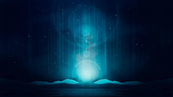 Conceito Ficção Científica Uma Luz Brilhante Noite Acima Das Montanhas — Fotografia de Stock