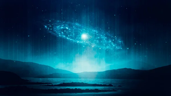 Научно Фантастическая Концепция Планеты Горами Смотрящими Ночное Небо Светящейся Спиральной — стоковое фото