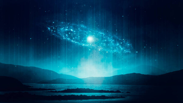 A science fiction concept of planet with mountains looking at the night sky with a glowing spiral galaxy. With a universe of stars on a neon background.