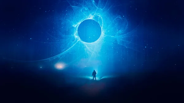 A science fiction concept of man looking at a glowing portal in the night sky, with a universe of stars.
