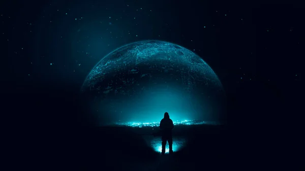 Научно Фантастическая Концепция Человека Смотрящего Светящуюся Инопланетную Планету Ночном Небе — стоковое фото