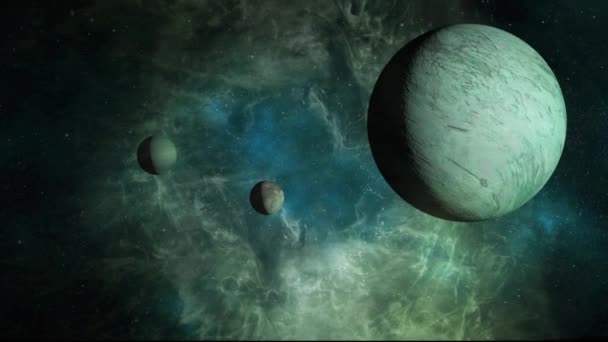 Concepto Ciencia Ficción Tres Planetas Alienígenas Orbitando Una Nebulosa Una — Vídeos de Stock