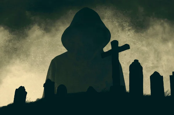 Egy Horror Koncepció Egy Kapucnis Kísértetről Egy Temetőhöz Simulva Egy — Stock Fotó