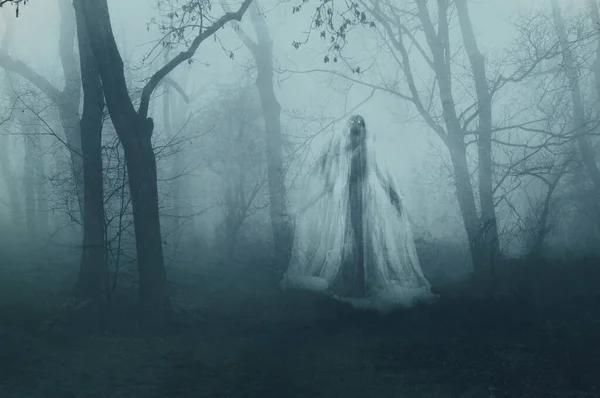 A scary screaming demon woman. Floating in a spooky forest on a foggy winters day.