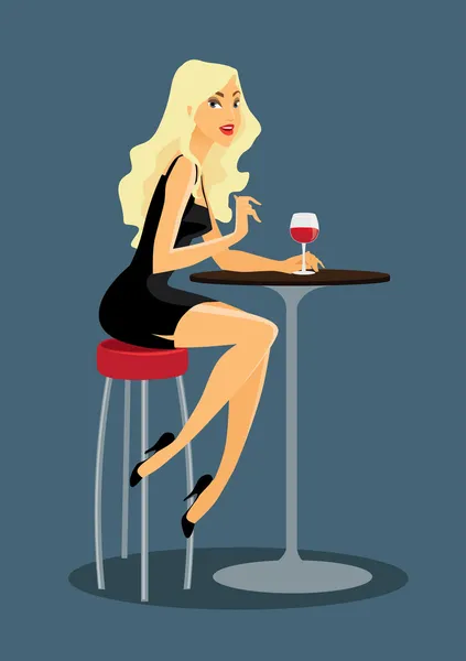Gadis pirang cantik duduk di bar dengan anggur Stok Ilustrasi 