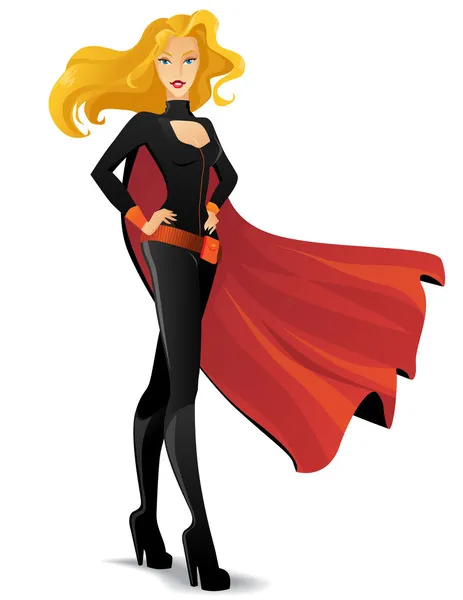 Belle superwoman en costume noir avec une cape — Image vectorielle