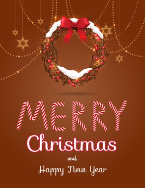 çelenk ve metin ile neşeli Noel tebrik kartı