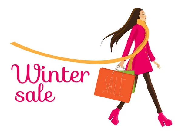Girl on big winter sale — Stock Vector