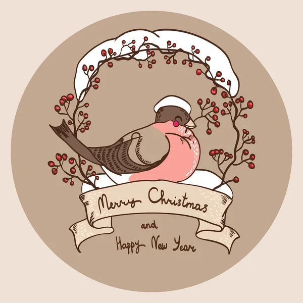 Векторная рождественская открытка с милым буллфинчем — стоковый вектор