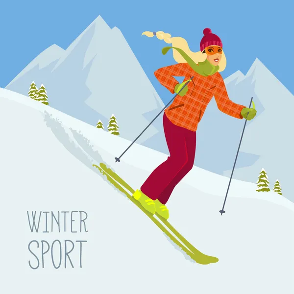 Векторная иллюстрация милой девушки катающейся на лыжах — стоковый вектор