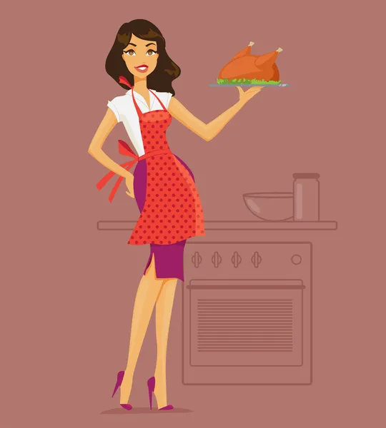 Illustration vectorielle de la femme au foyer dans les offres de cuisine — Image vectorielle