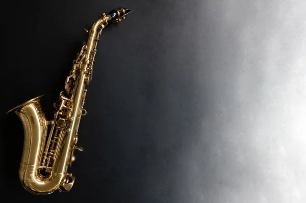 Saxophone jazz instruments. Soprano sax isolated. Saxophone music instrument closeup