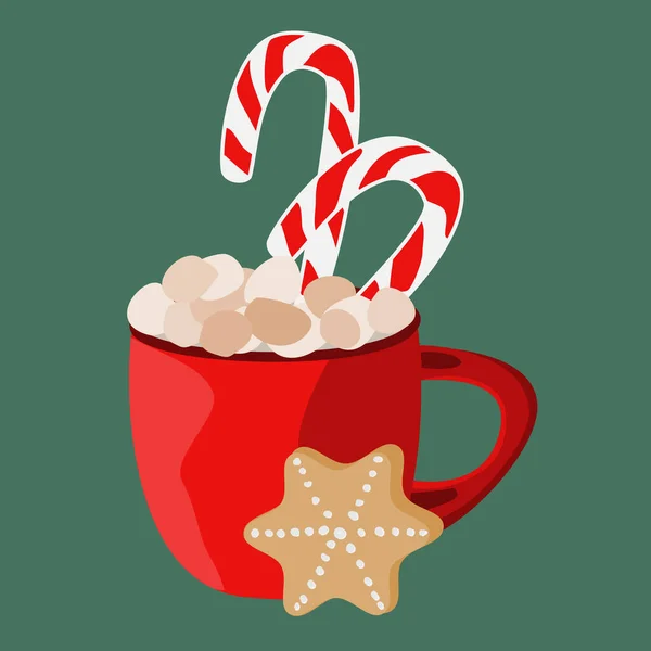 Rød Kopp Kaffe Med Marshmallows Jule Nyttårskort Håndlaget Vektor – stockvektor