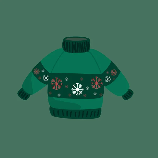Hässlicher Weihnachtspullover. Gestrickte Pullover mit Wintermustern, Schneeflocken und Hirschen. — Stockvektor